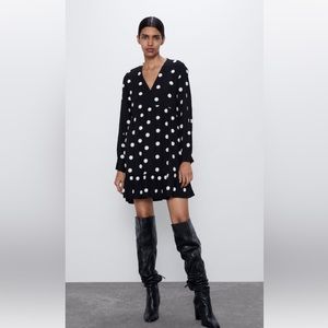 Zara embroidered black and white polka dot mini dress long sleeve